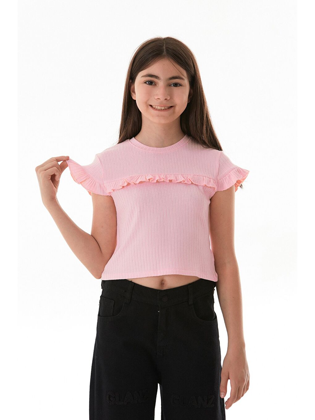 Pembe Fitilli Önü Fırfırlı Elastanlı Kız Çocuk Body