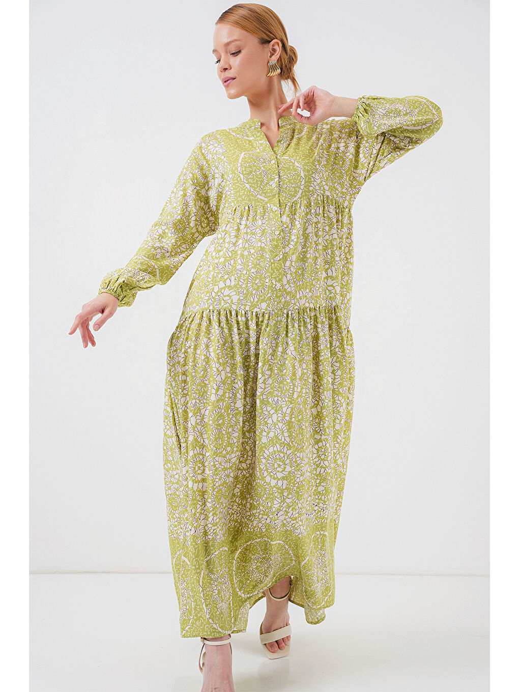 2423 Otantik Desenli Tesettür Elbise - Yeşil 8-1