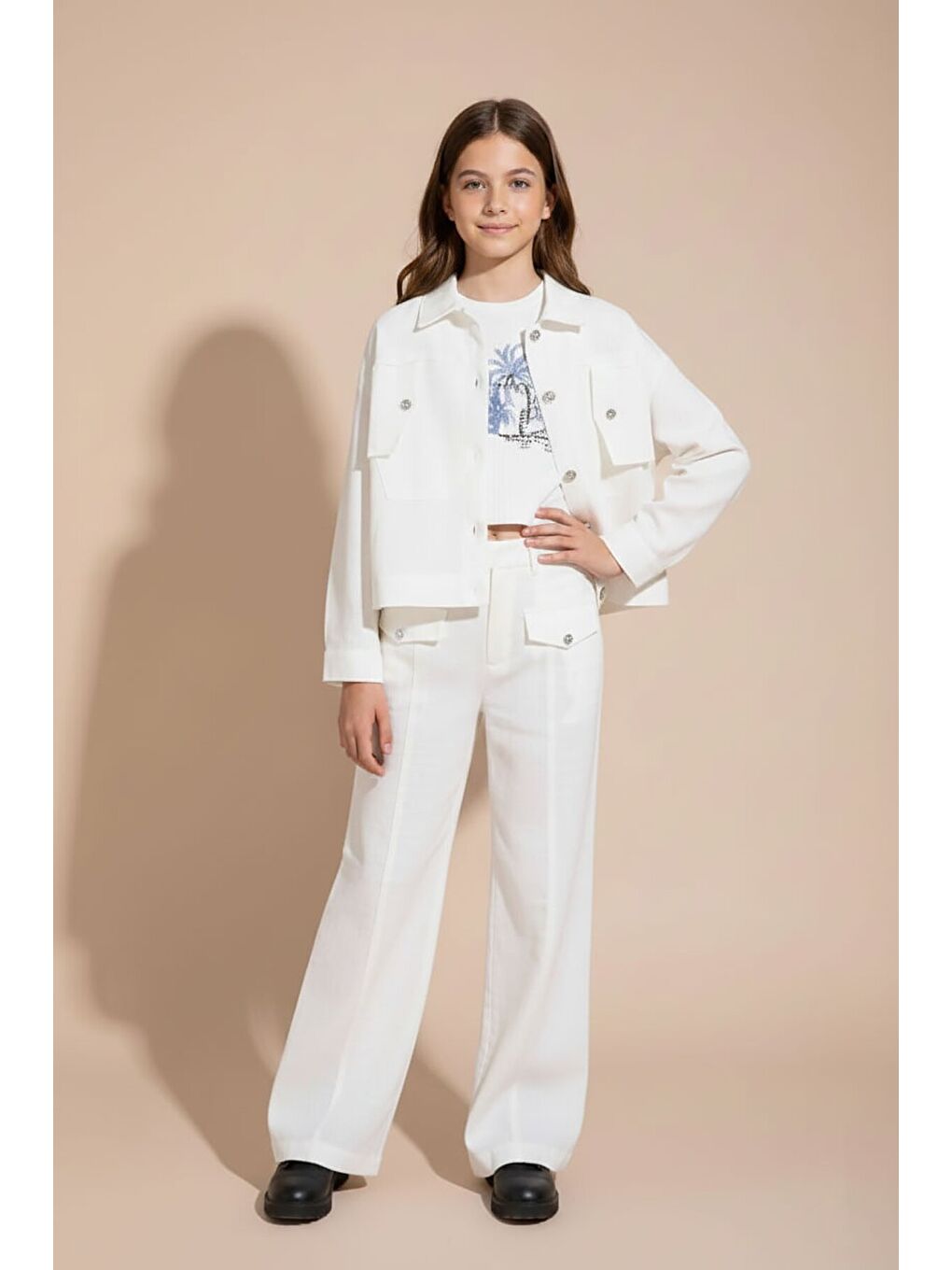 Ekru Düğme Detaylı Keten Gömlekli Pantolonlu Kız Çocuk 3lü Takım 23496-1
