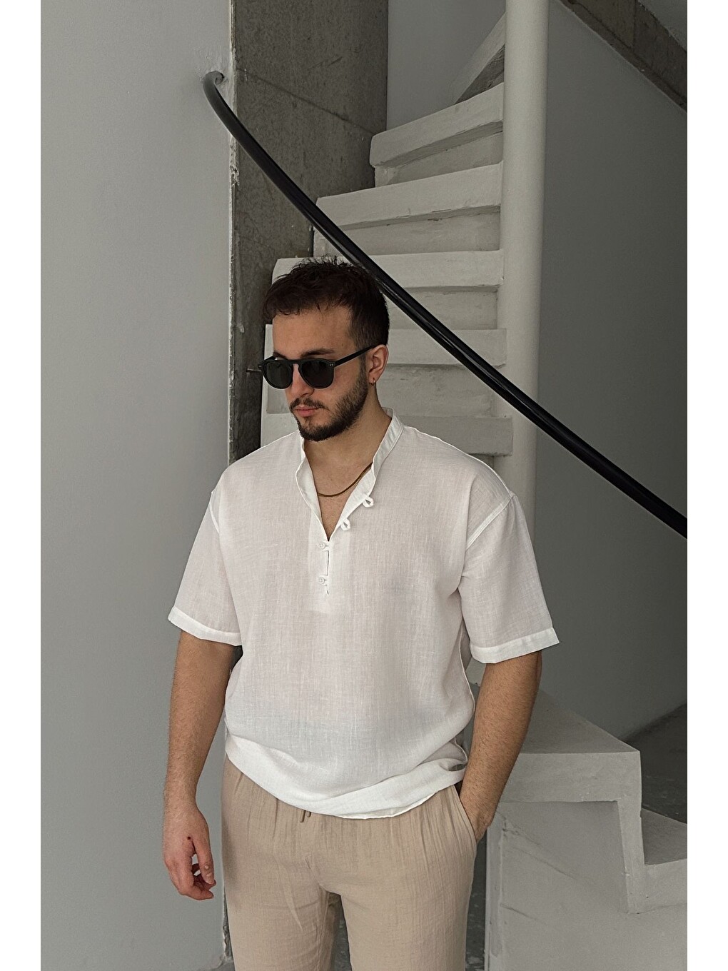 Beyaz Soro Erkek Oversize Keten Görünümlü Kısa Kol Hakim Yaka Yarım Pat Gömlek-8