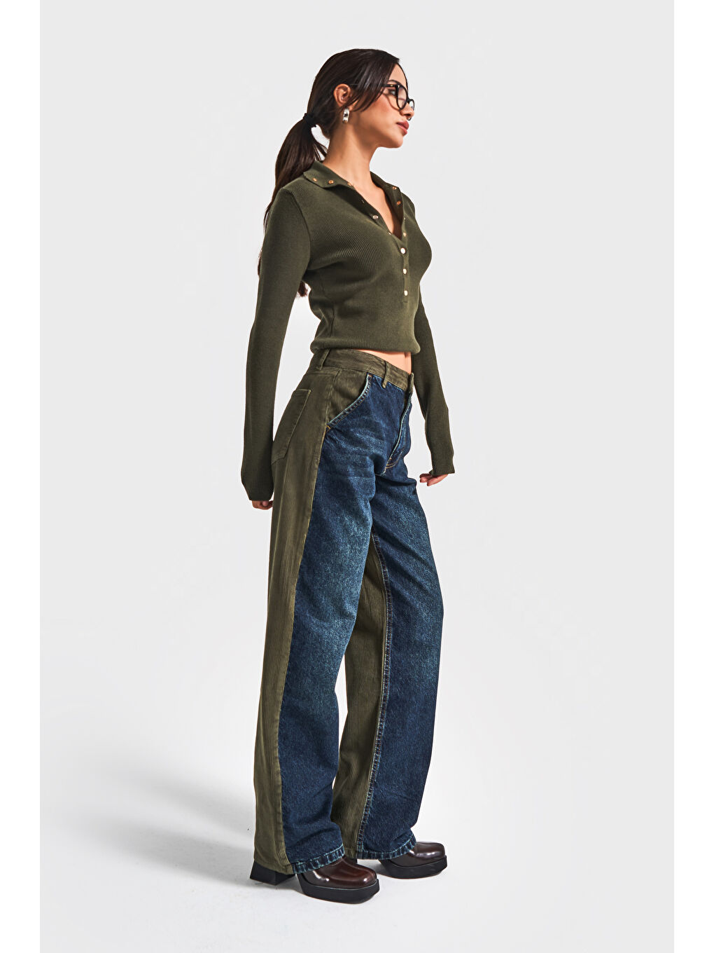 Kadın Haki Jean Rengi 2w5-31 Loose Fit Kadife Denim Kumaş Tasarım Denim Jean-3