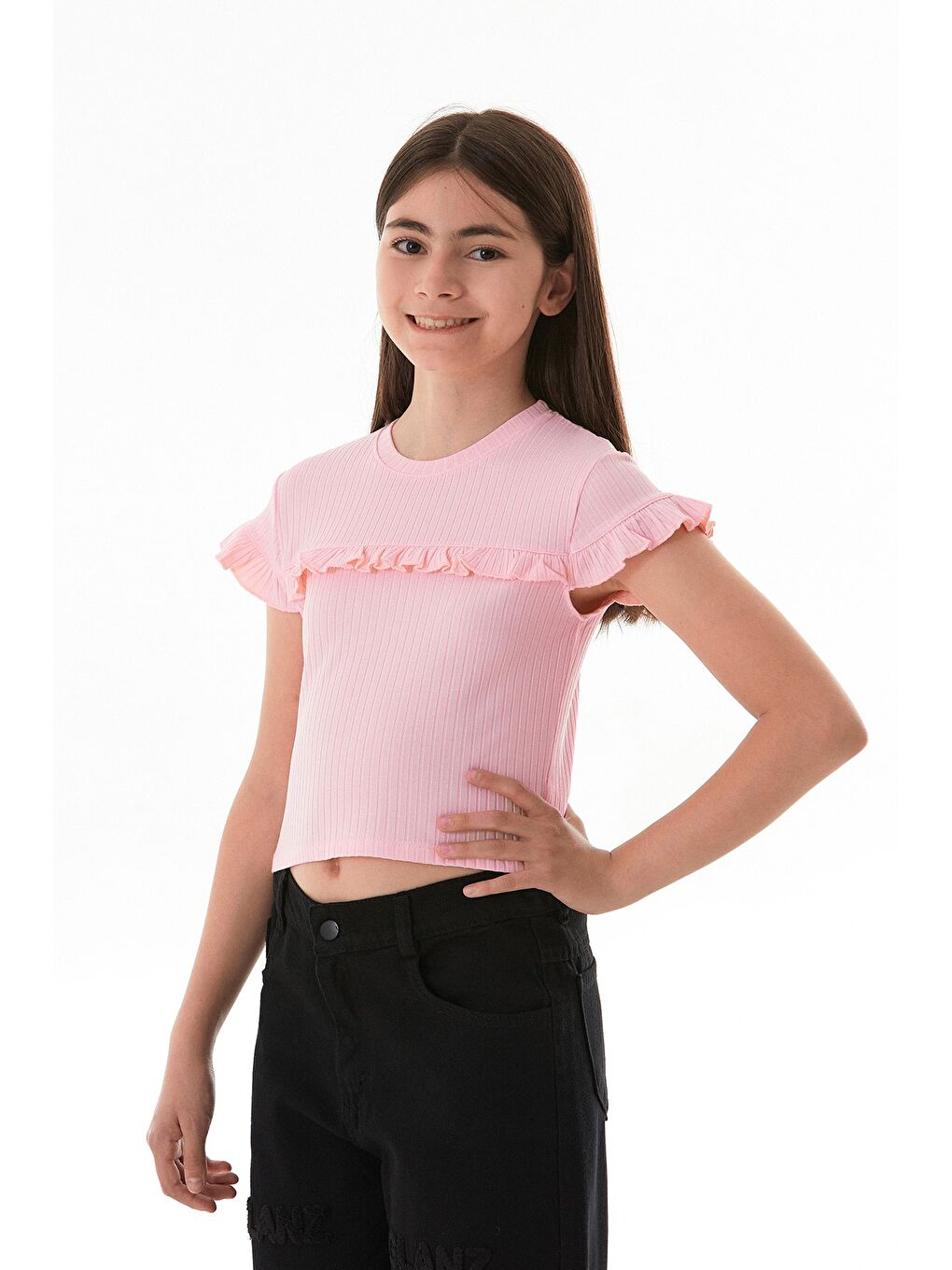 Pembe Fitilli Önü Fırfırlı Elastanlı Kız Çocuk Body-1