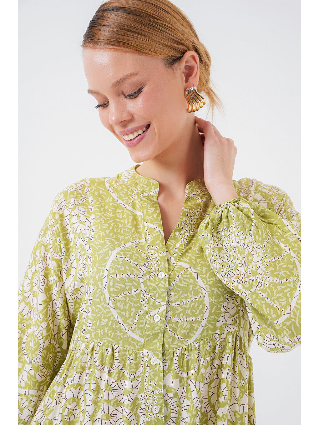 2423 Otantik Desenli Tesettür Elbise - Yeşil 8-2