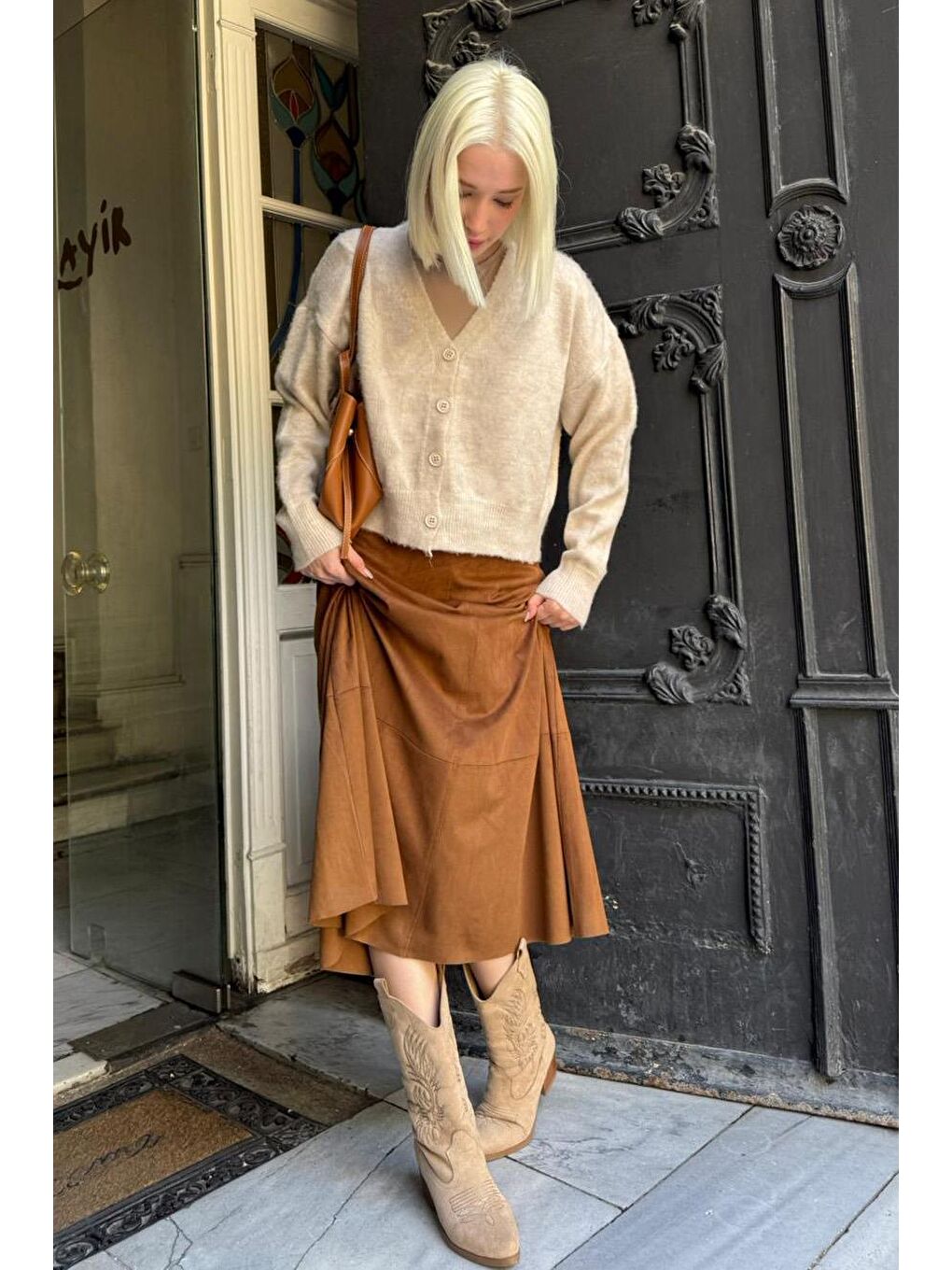 Ekru V Yaka Kadın Triko Hırka Mg2462-3