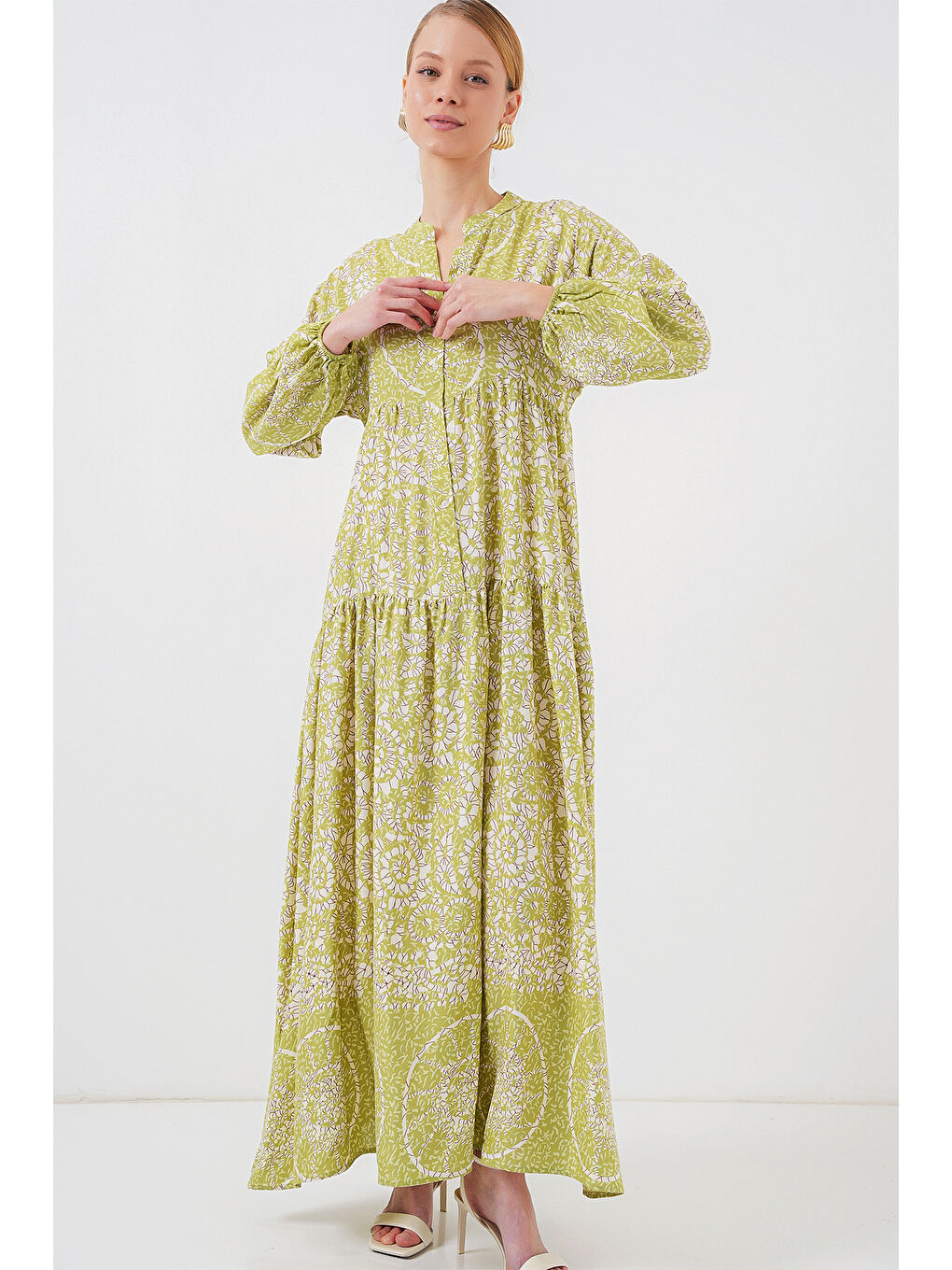 2423 Otantik Desenli Tesettür Elbise - Yeşil 8-3