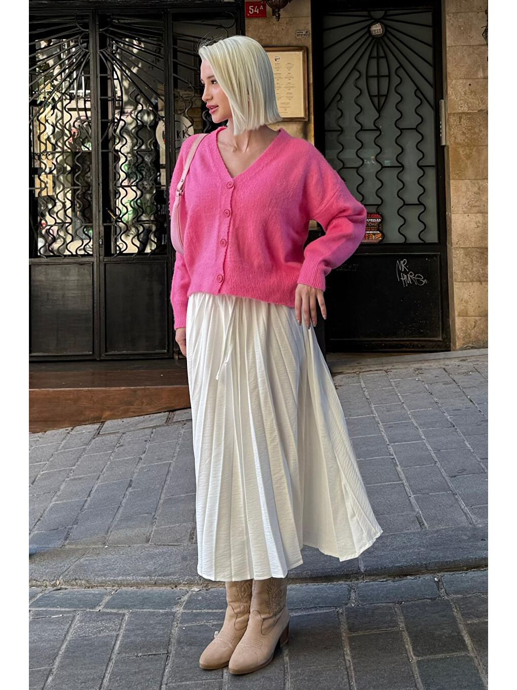 Pembe V Yaka Kadın Triko Hırka Mg2462-4