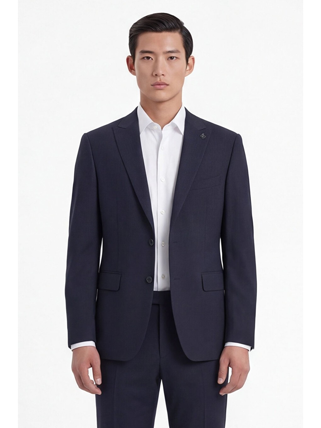 Lacivert Yün Karışımlı Çizgili Sivri Yaka Klasik Paça Tam Astarlı 6 Drop Slim Fit Takım Elbise