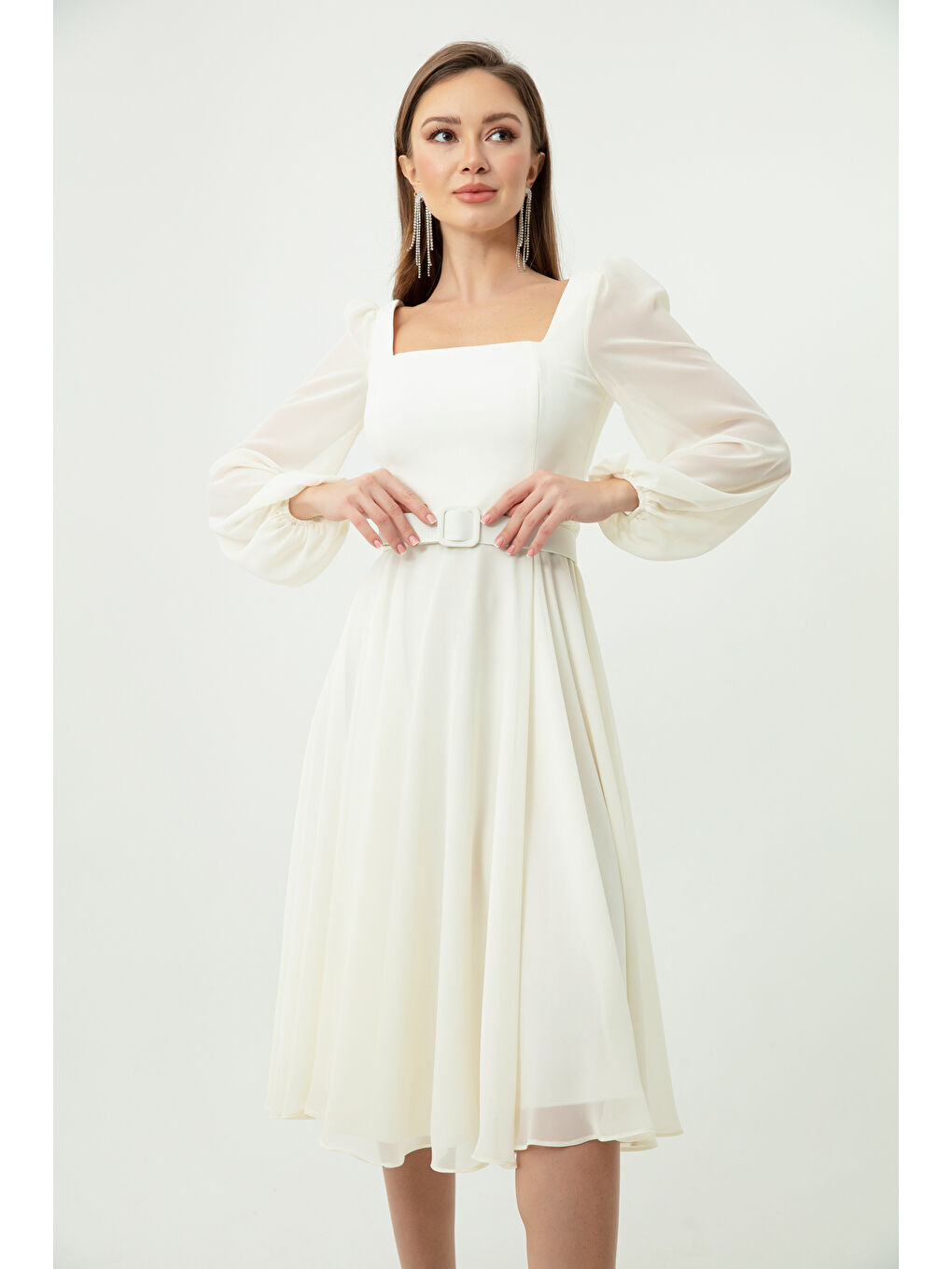 Kadın Ekru Kare Yaka Kemerli Midi Şifon Abiye Elbise-1