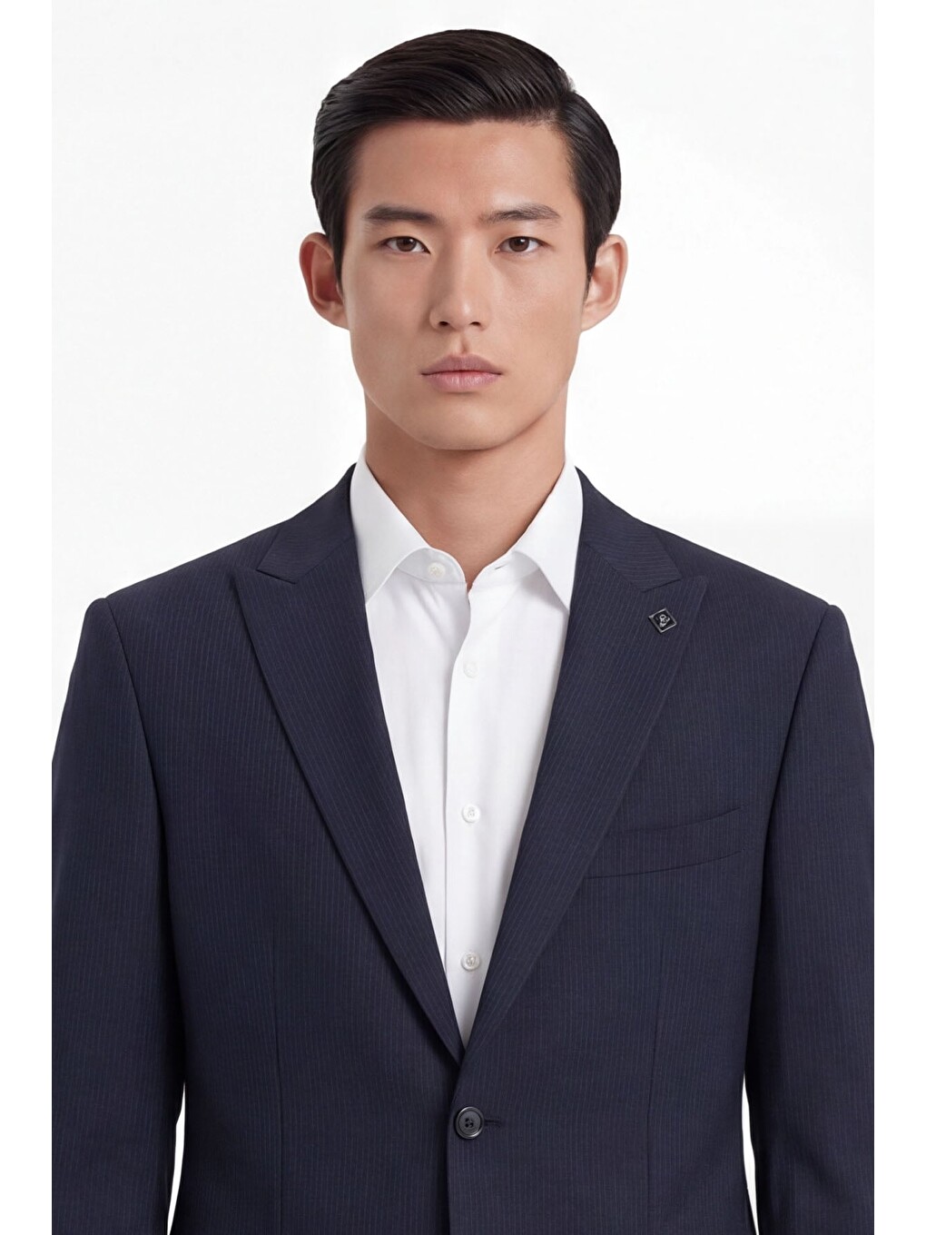 Lacivert Yün Karışımlı Çizgili Sivri Yaka Klasik Paça Tam Astarlı 6 Drop Slim Fit Takım Elbise-1