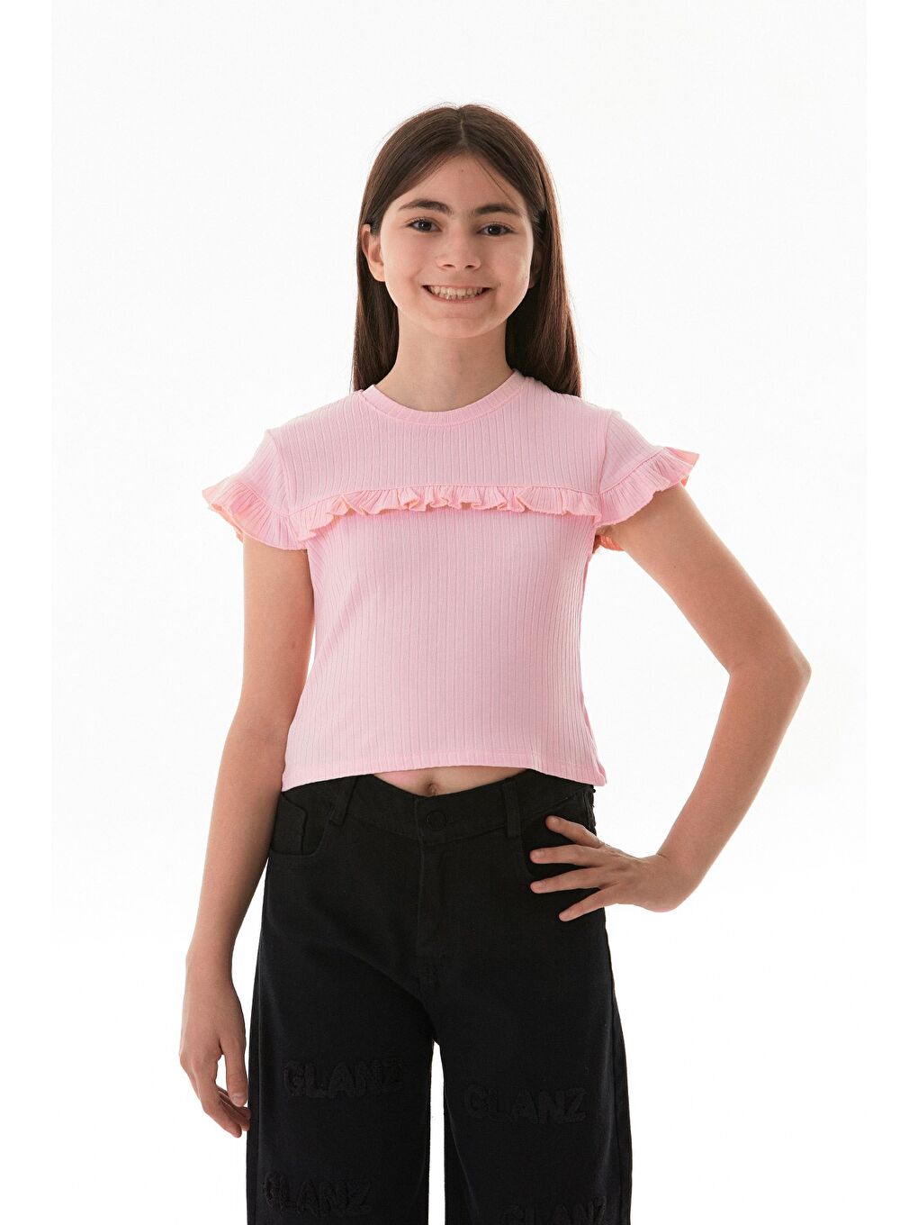 Pembe Fitilli Önü Fırfırlı Elastanlı Kız Çocuk Body-4