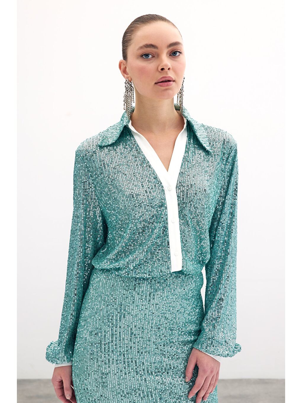 Yeşil Salaş Payet Gömlek - Mint-3