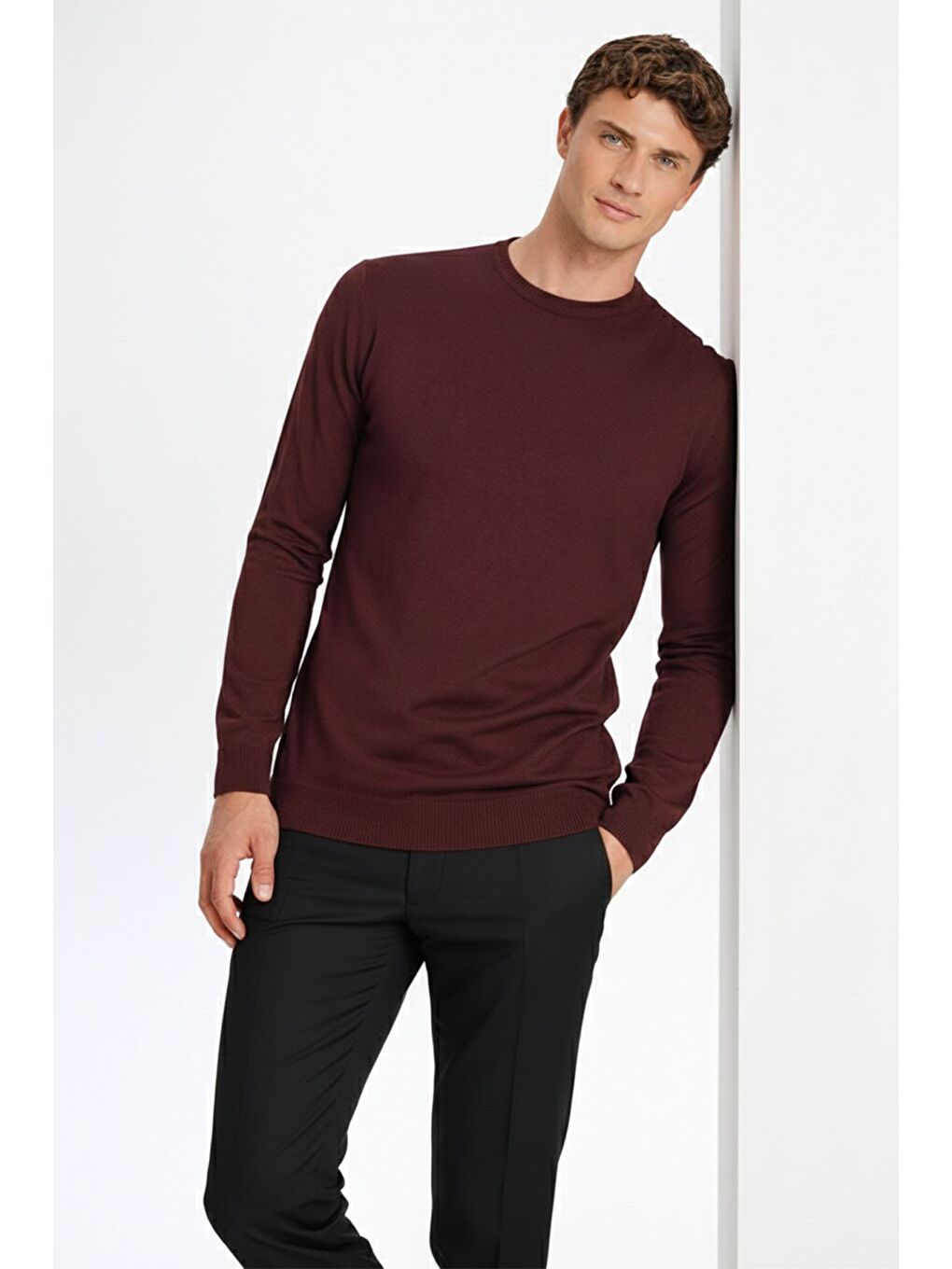 Koyu Bordo Standart Fit Yün Karışımlı Bisiklet Yaka Triko Erkek Kazak-1