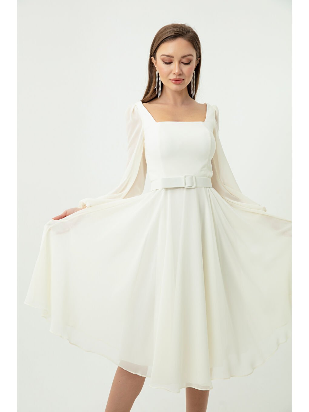 Kadın Ekru Kare Yaka Kemerli Midi Şifon Abiye Elbise-2