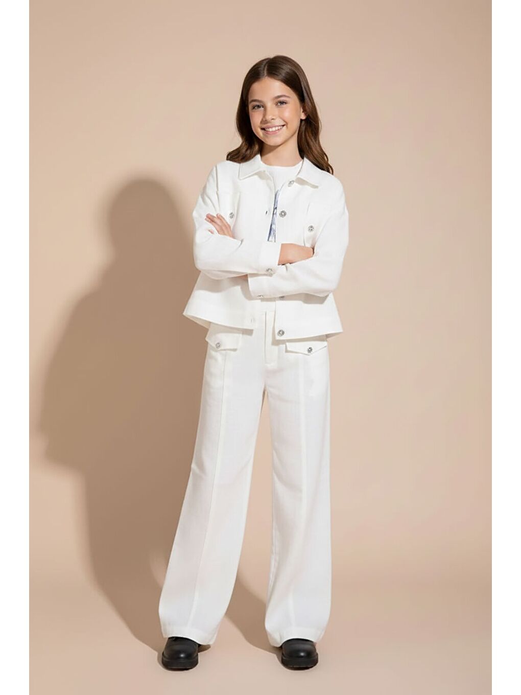 Ekru Düğme Detaylı Keten Gömlekli Pantolonlu Kız Çocuk 3lü Takım 23496-2