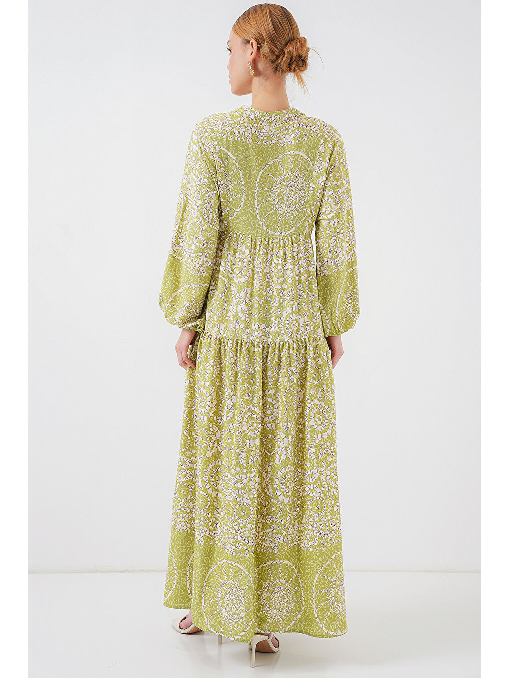 2423 Otantik Desenli Tesettür Elbise - Yeşil 8-5