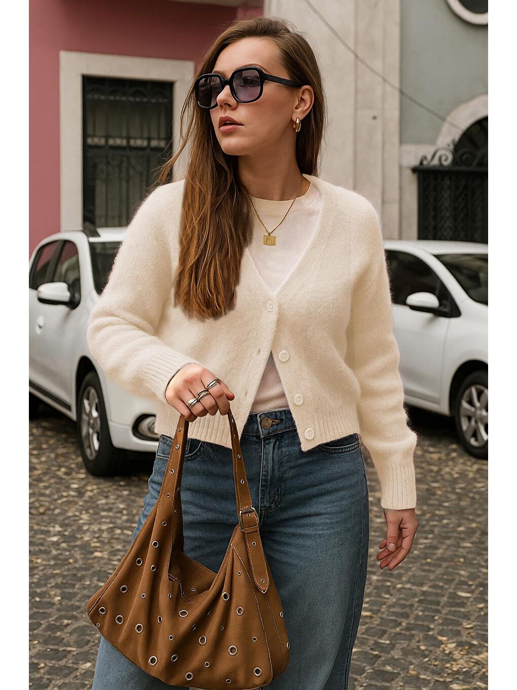 Ekru V Yaka Kadın Triko Hırka Mg2462-4