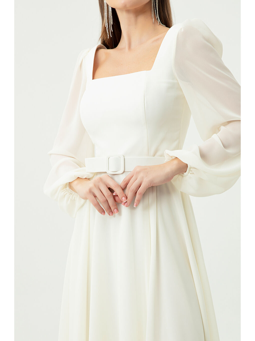 Kadın Ekru Kare Yaka Kemerli Midi Şifon Abiye Elbise-3