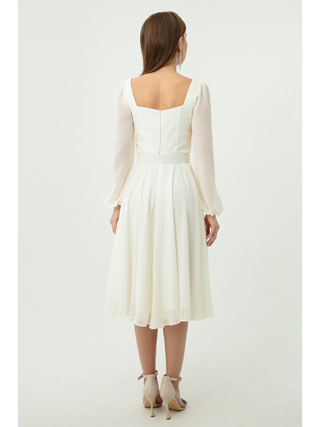 Kadın Ekru Kare Yaka Kemerli Midi Şifon Abiye Elbise-4