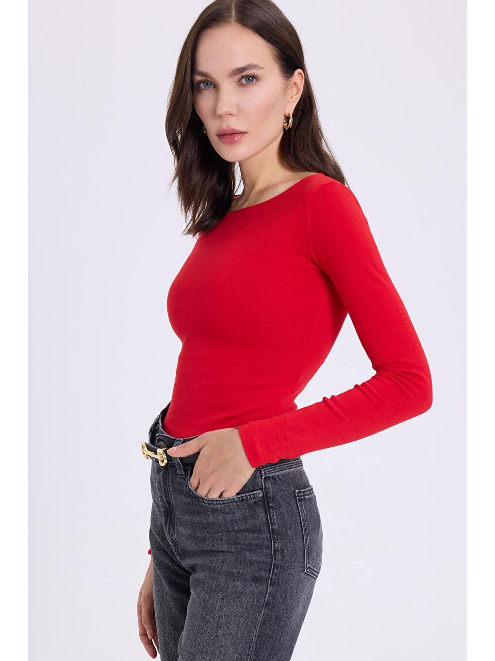 Kadın Slim Fit Dar Kesim Pamuklu Modal Kumaş Uzun Kollu Kayık Yaka Kırmızı Bluz