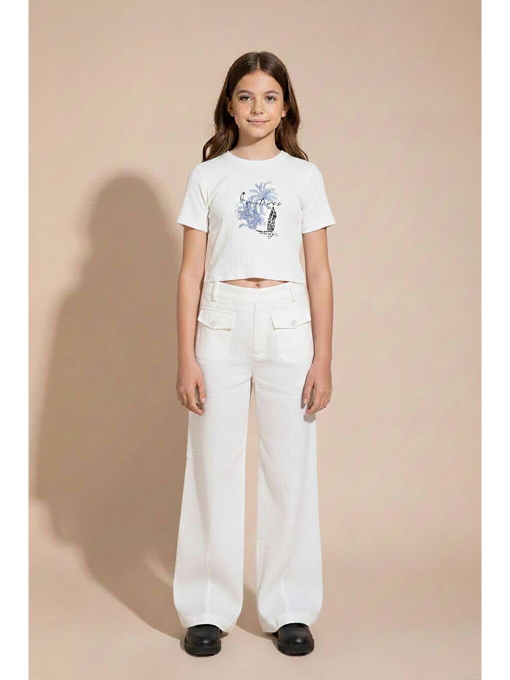 Ekru Düğme Detaylı Keten Gömlekli Pantolonlu Kız Çocuk 3lü Takım 23496-3