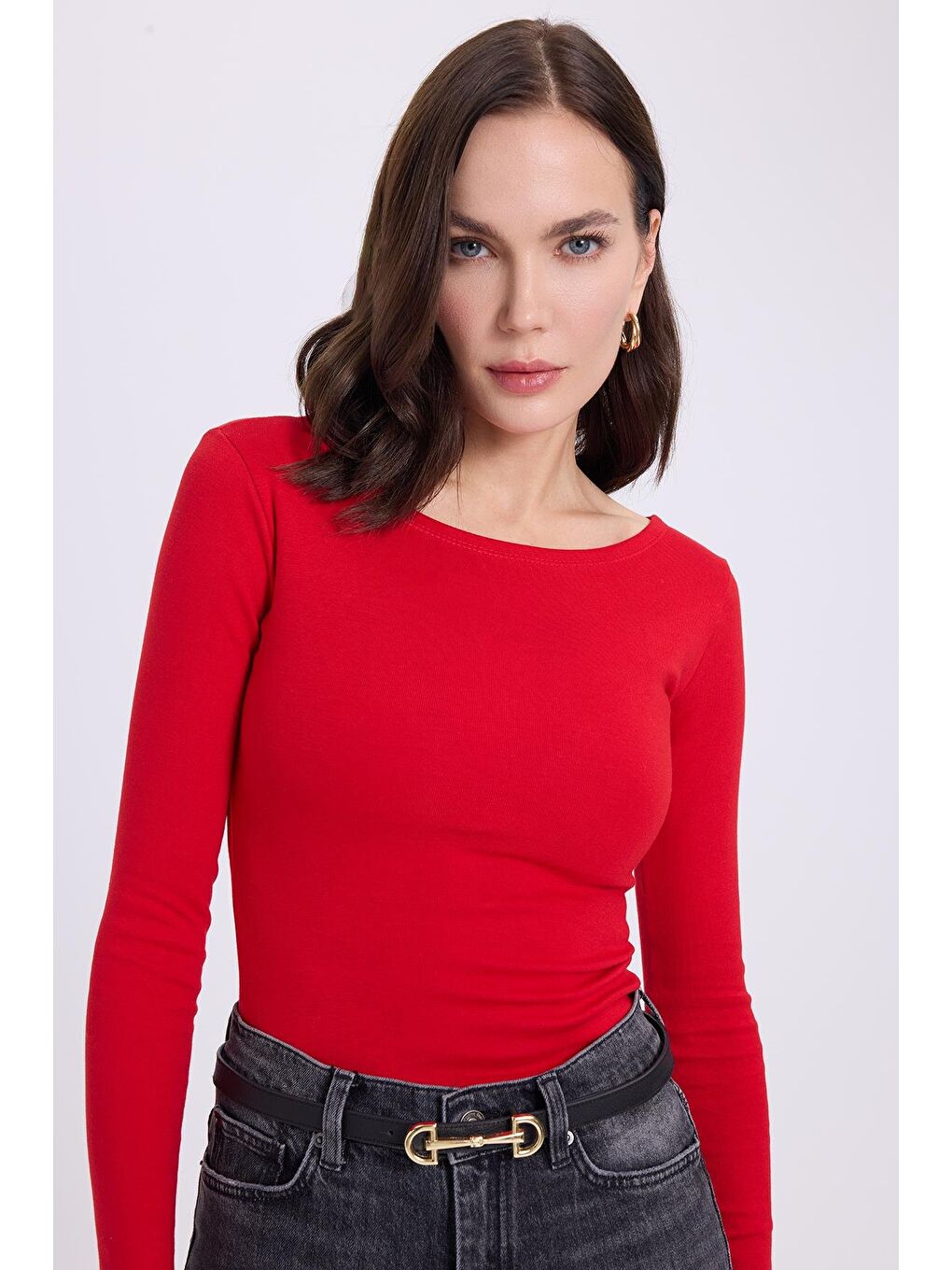 Kadın Slim Fit Dar Kesim Pamuklu Modal Kumaş Uzun Kollu Kayık Yaka Kırmızı Bluz-1