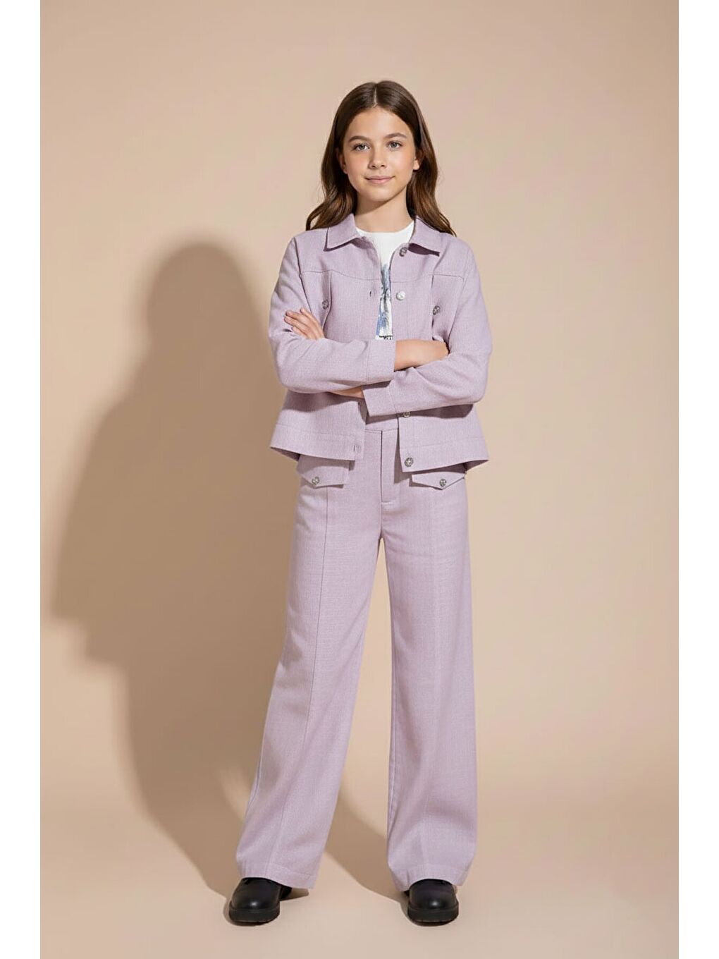 Pembe Gül Kurusu Düğme Detaylı Keten Gömlekli Pantolonlu Kız Çocuk 3lü Takım 23497