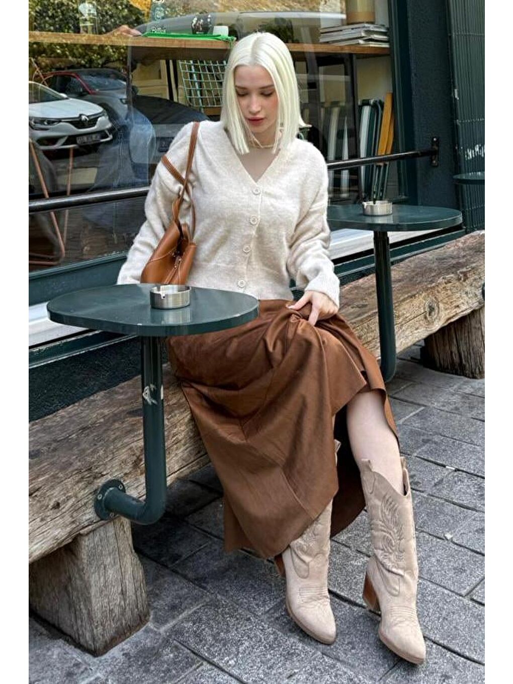 Ekru V Yaka Kadın Triko Hırka Mg2462-5