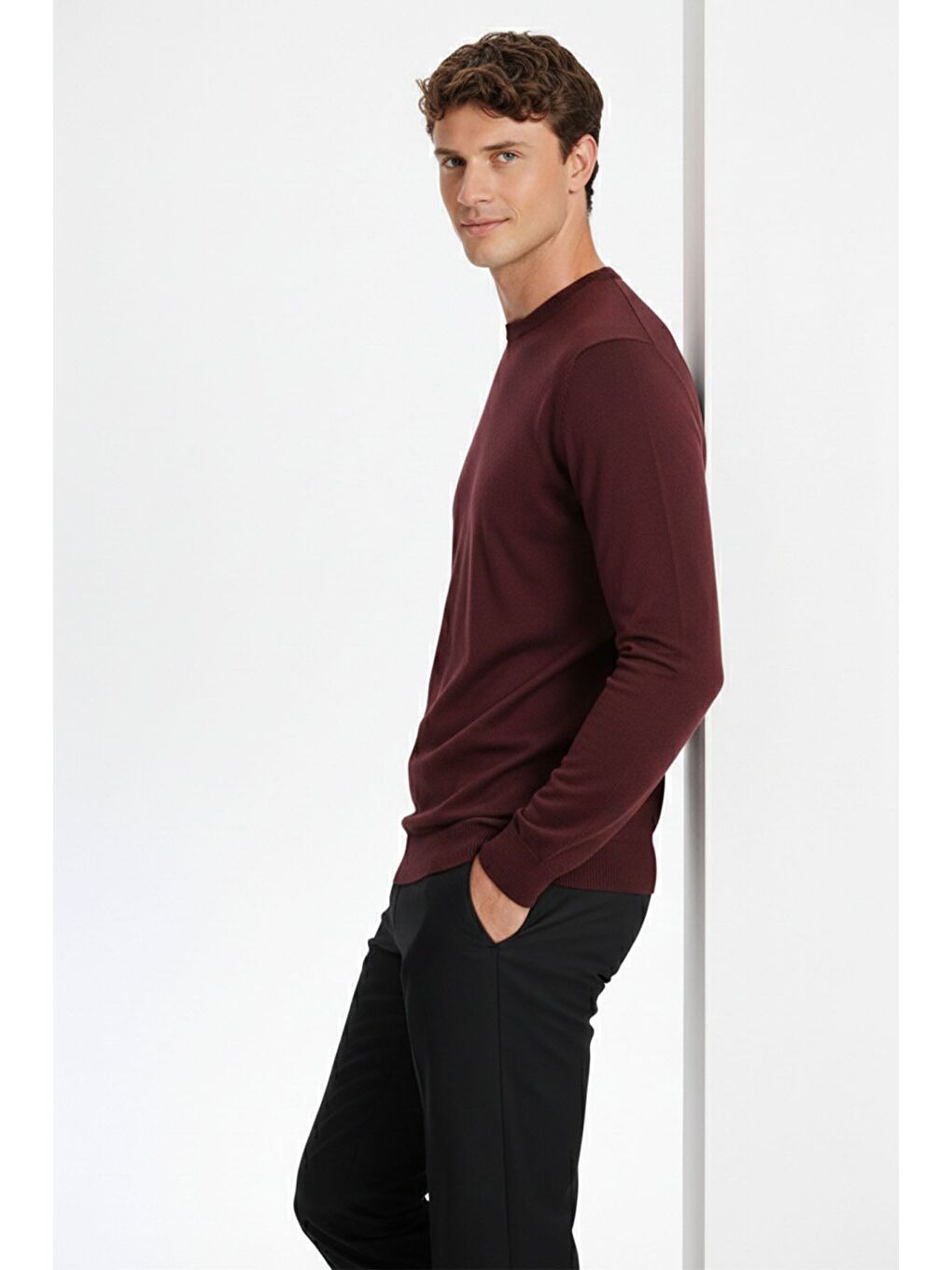 Koyu Bordo Standart Fit Yün Karışımlı Bisiklet Yaka Triko Erkek Kazak-2