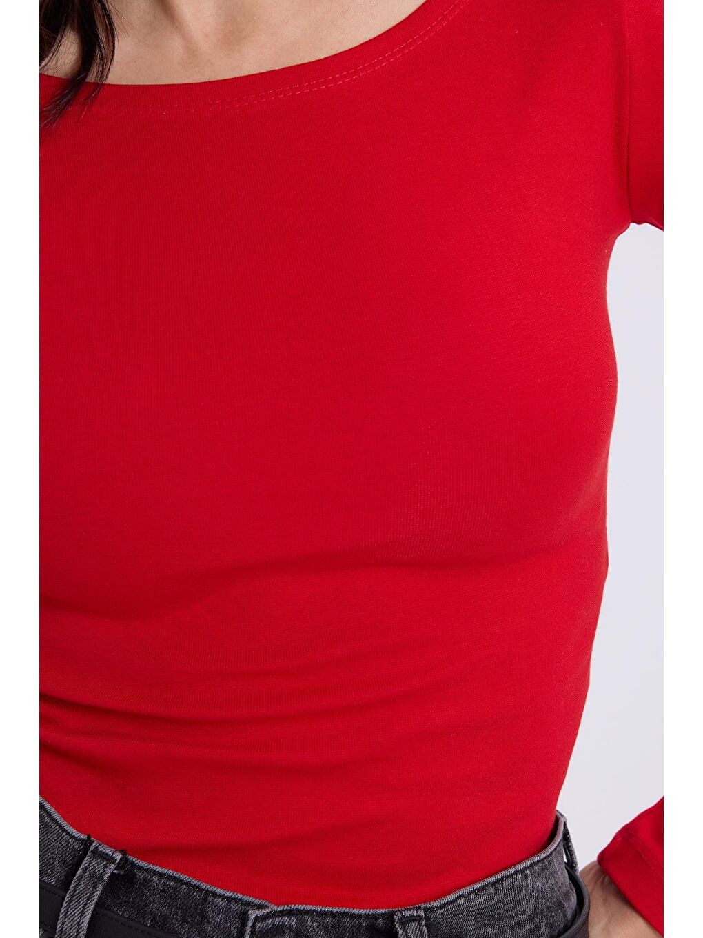 Kadın Slim Fit Dar Kesim Pamuklu Modal Kumaş Uzun Kollu Kayık Yaka Kırmızı Bluz-2