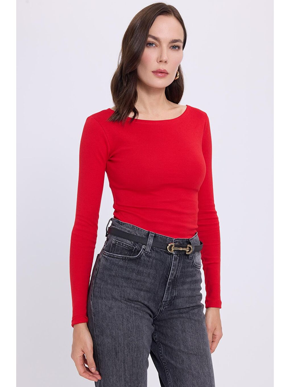 Kadın Slim Fit Dar Kesim Pamuklu Modal Kumaş Uzun Kollu Kayık Yaka Kırmızı Bluz-3