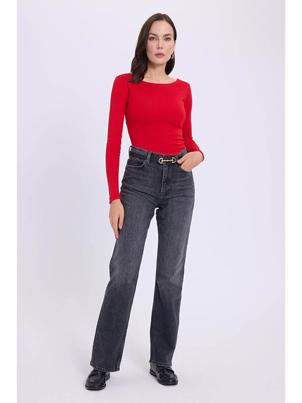 Kadın Slim Fit Dar Kesim Pamuklu Modal Kumaş Uzun Kollu Kayık Yaka Kırmızı Bluz-4