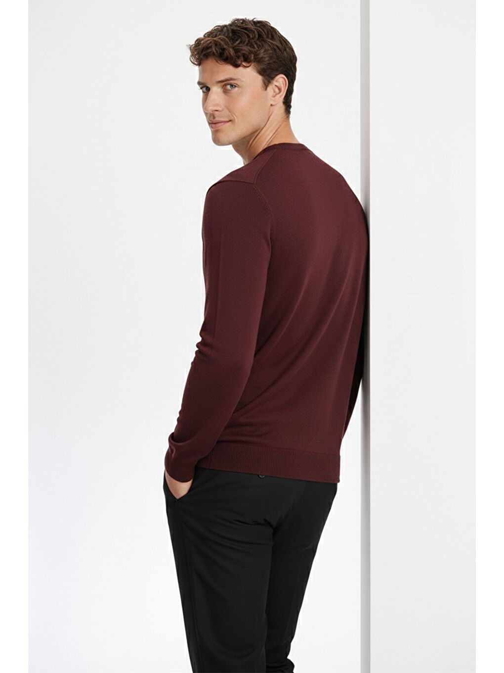 Koyu Bordo Standart Fit Yün Karışımlı Bisiklet Yaka Triko Erkek Kazak-3