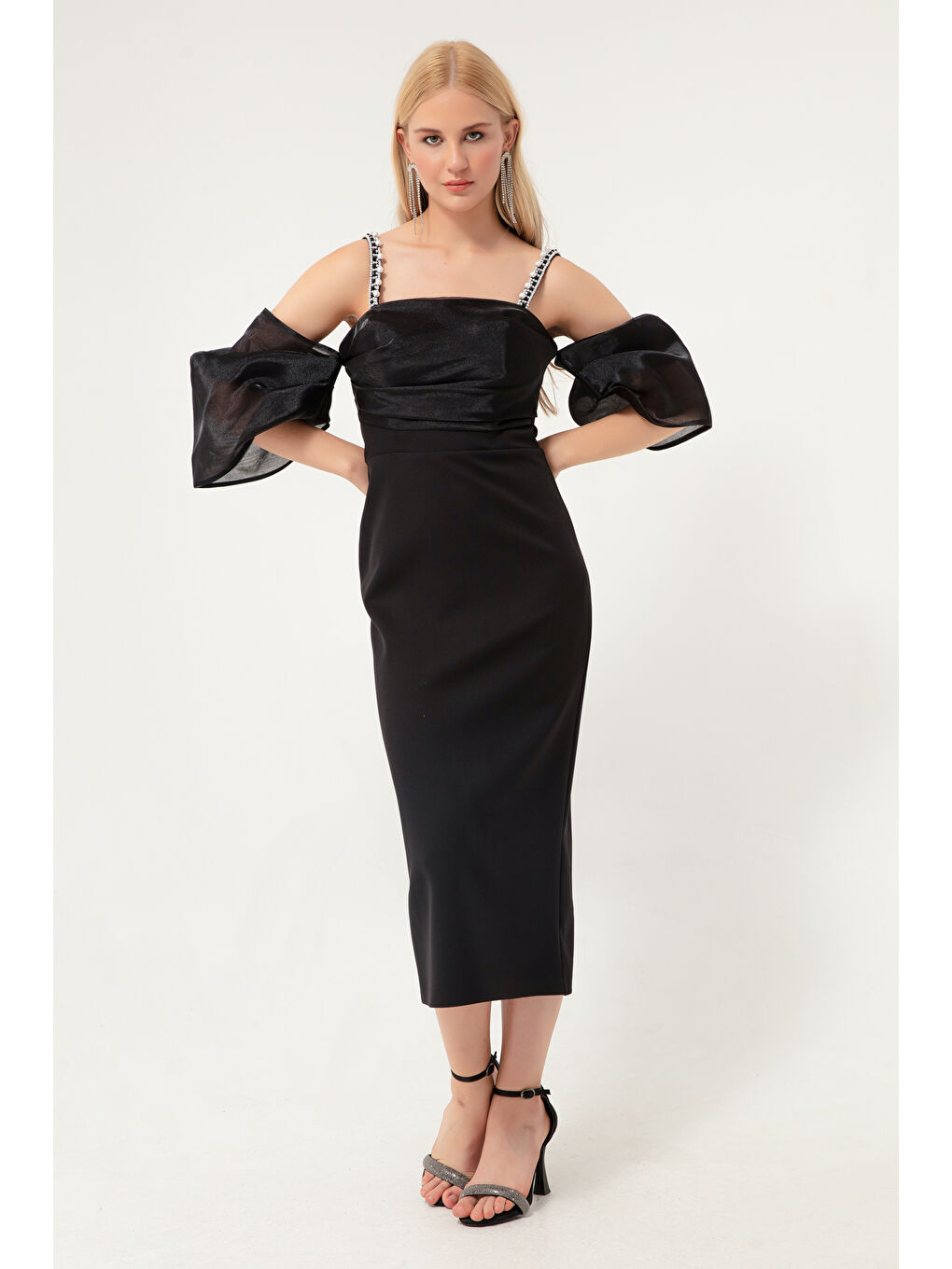 Kadın Siyah Prenses Kol Boncuk Askılı Organze Midi Abiye Elbise-2