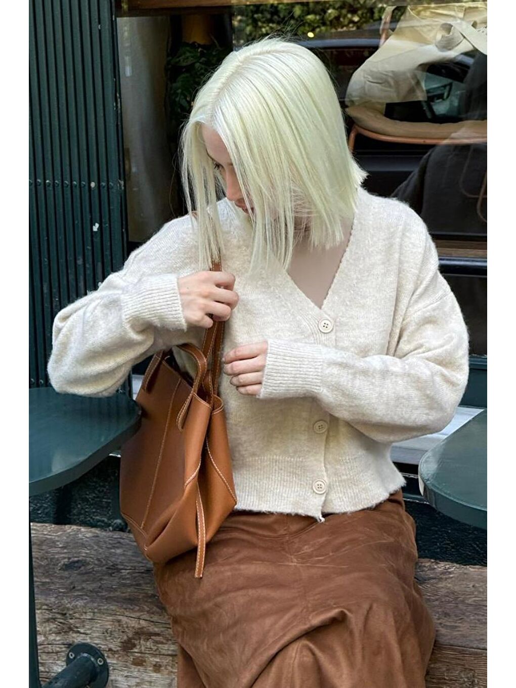 Ekru V Yaka Kadın Triko Hırka Mg2462-6