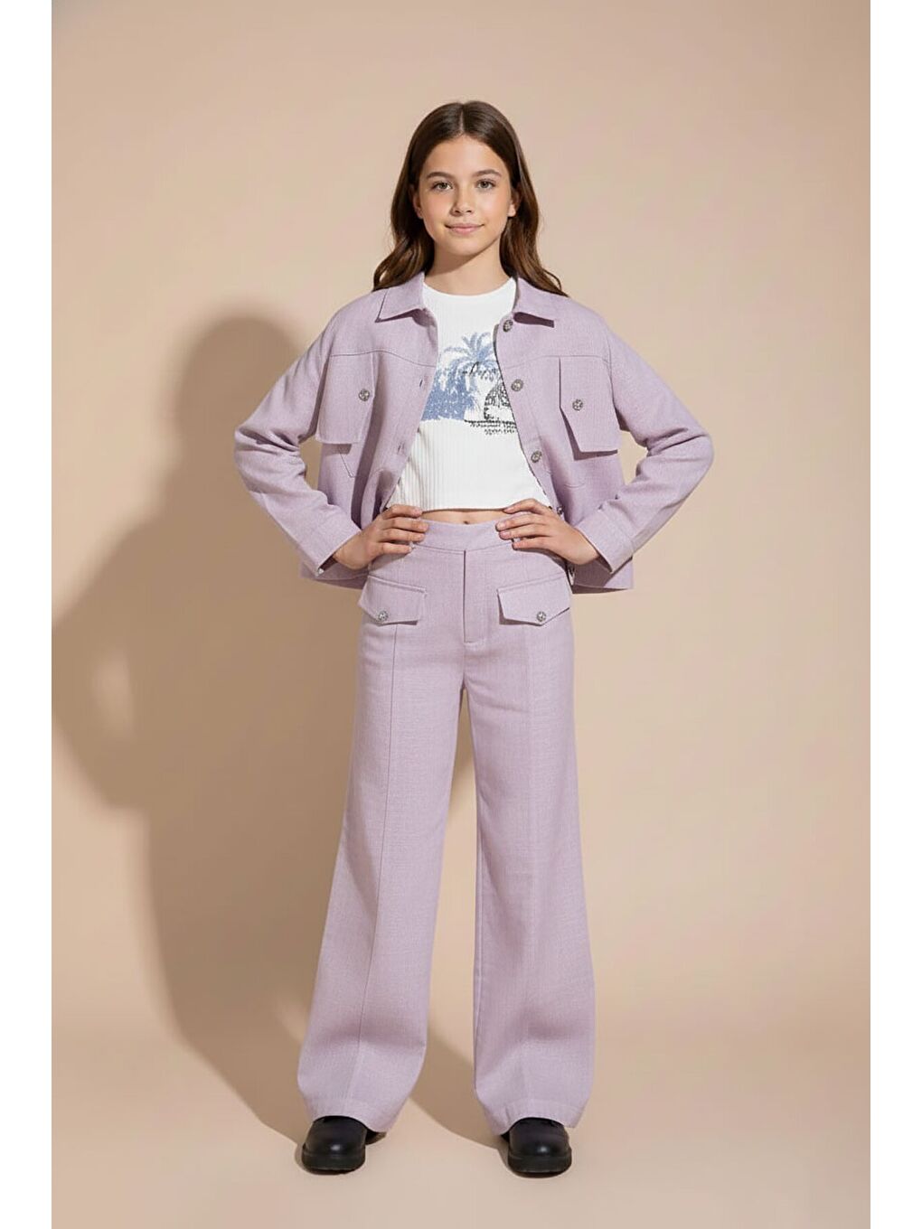 Pembe Gül Kurusu Düğme Detaylı Keten Gömlekli Pantolonlu Kız Çocuk 3lü Takım 23497-1