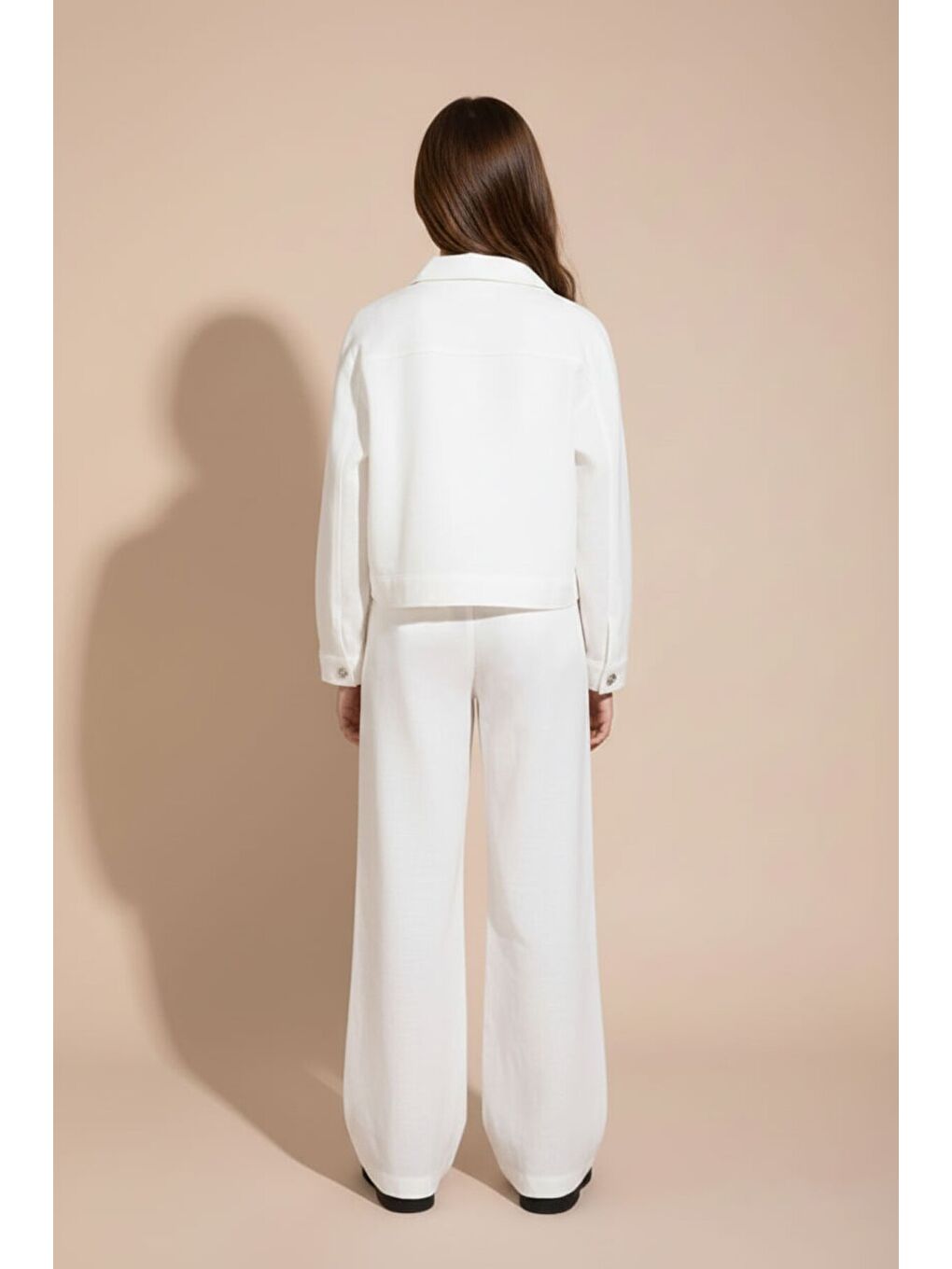 Ekru Düğme Detaylı Keten Gömlekli Pantolonlu Kız Çocuk 3lü Takım 23496-4