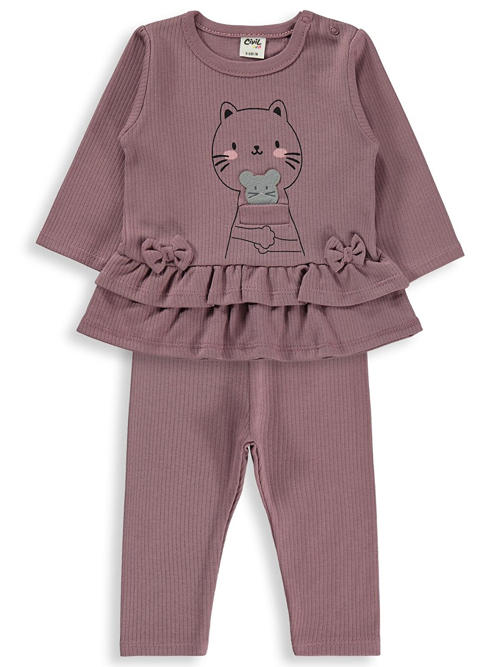 Kahverengi Baby Kedi Baskılı 6-18 Ay Takım - Kahve