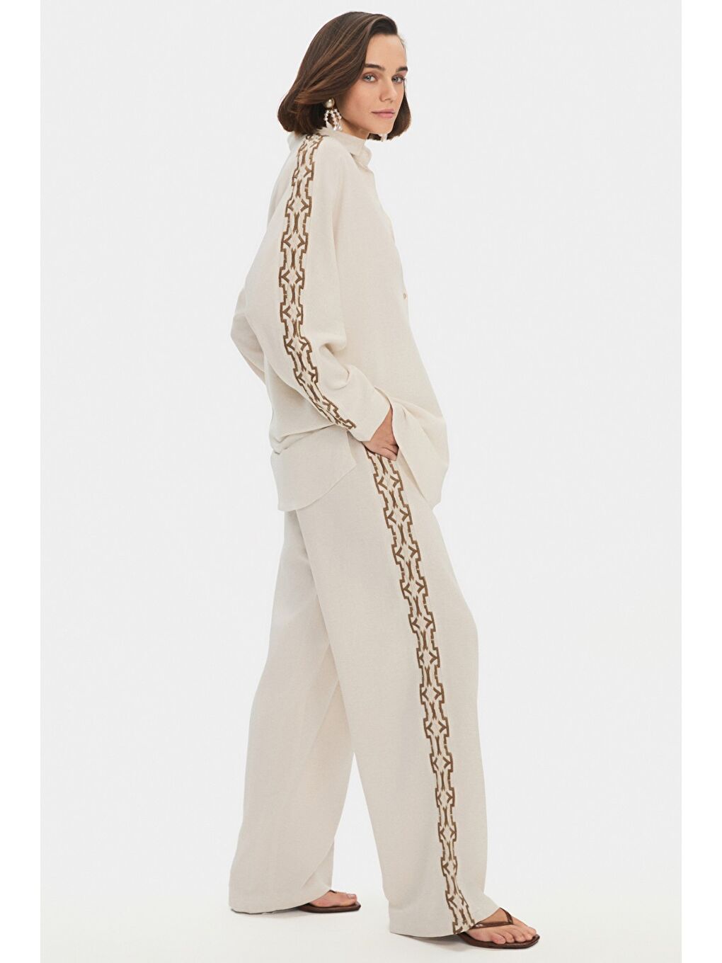 Bej Kadın Keten Karışımlı Işleme Detaylı Gömlek Pantolon Takım-1