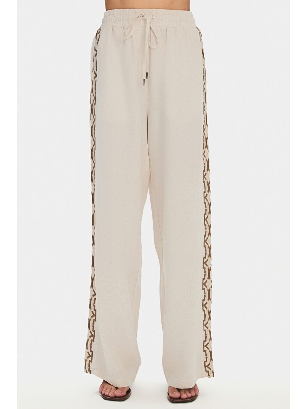 Bej Kadın Keten Karışımlı Işleme Detaylı Gömlek Pantolon Takım-4