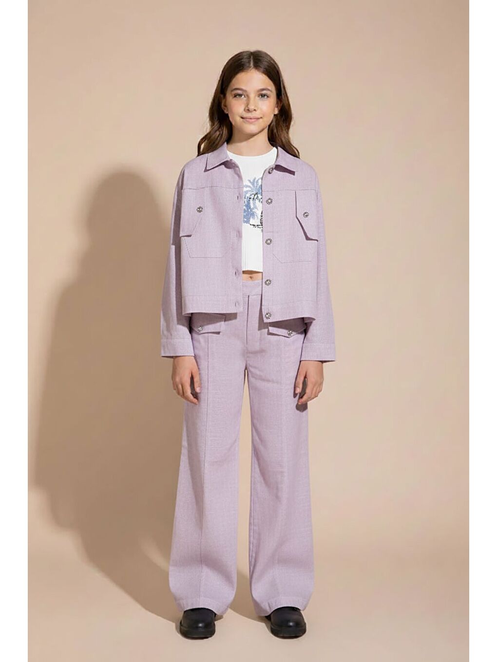 Pembe Gül Kurusu Düğme Detaylı Keten Gömlekli Pantolonlu Kız Çocuk 3lü Takım 23497-2