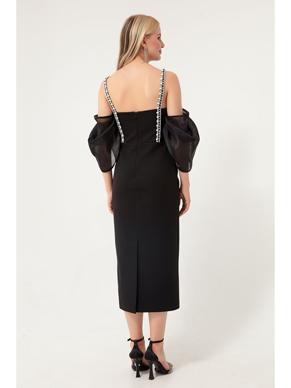 Kadın Siyah Prenses Kol Boncuk Askılı Organze Midi Abiye Elbise-4