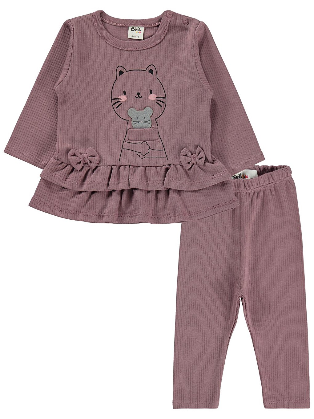 Kahverengi Baby Kedi Baskılı 6-18 Ay Takım - Kahve-2