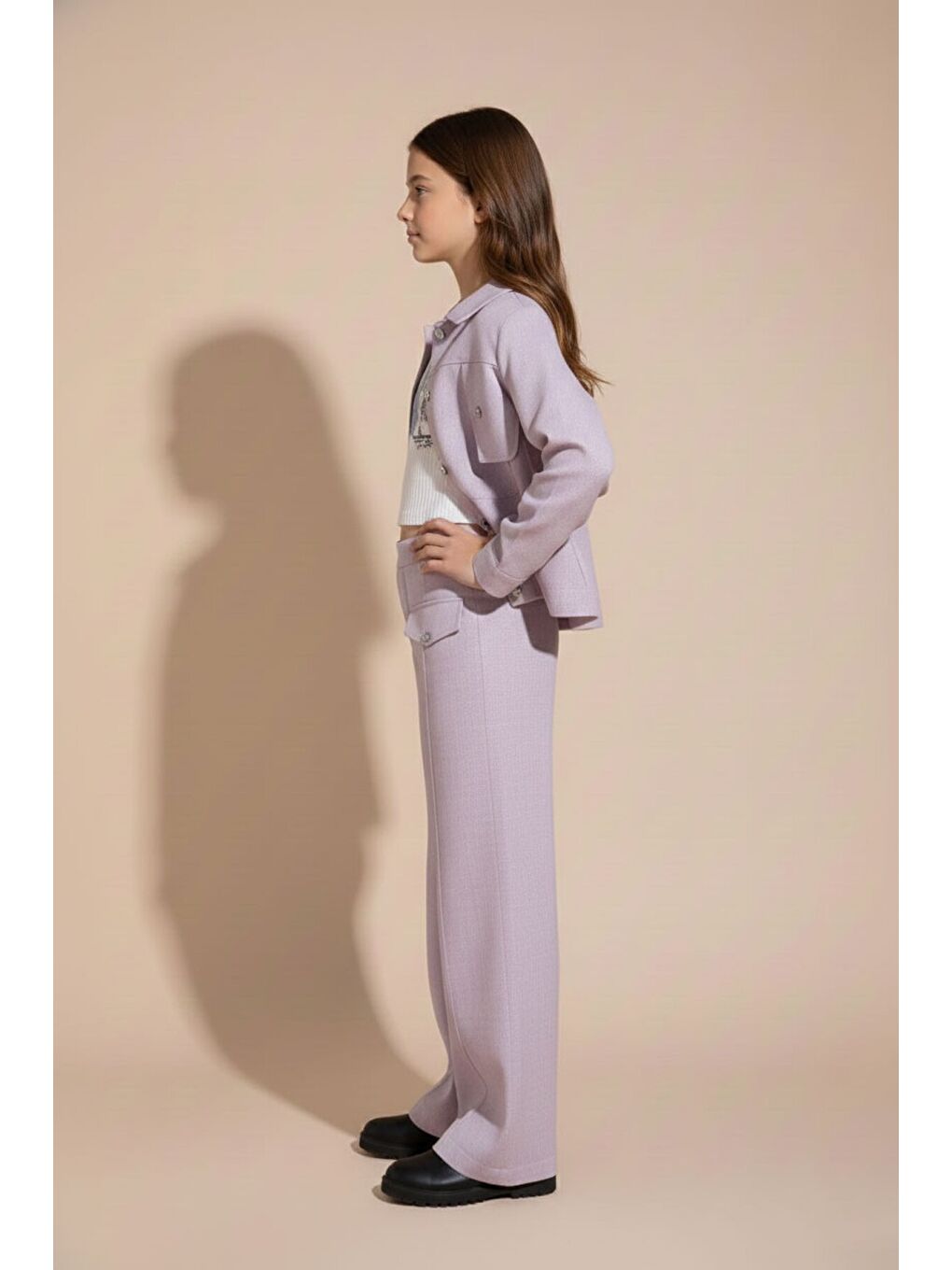 Pembe Gül Kurusu Düğme Detaylı Keten Gömlekli Pantolonlu Kız Çocuk 3lü Takım 23497-3