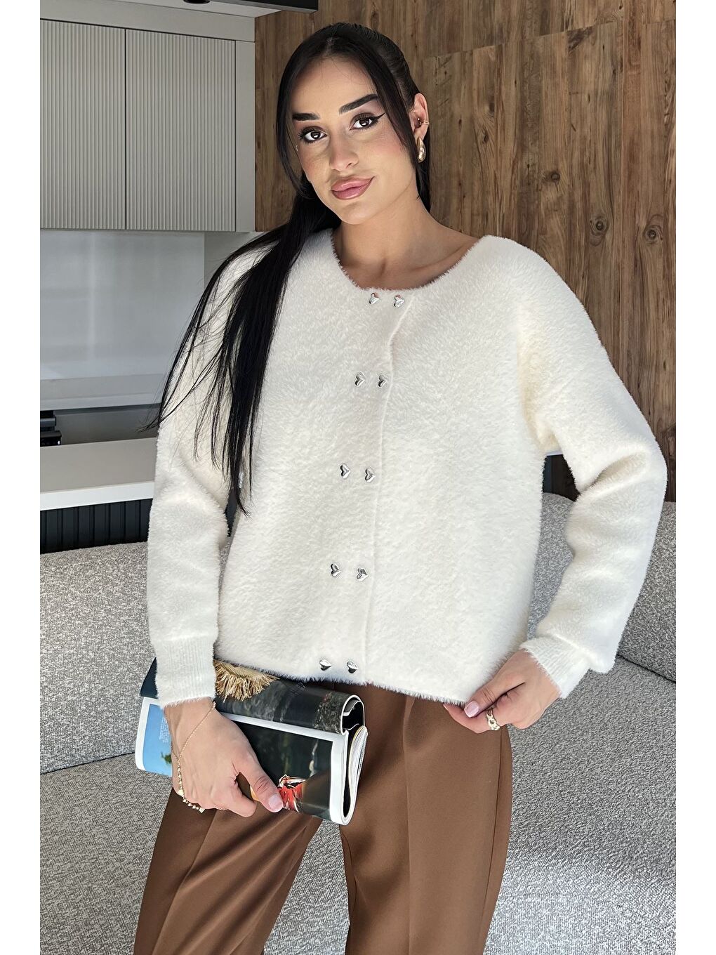 Ekru Kalp Düğmeli Şardonlu Triko Ceket (s,m,l,xl Uyumludur)