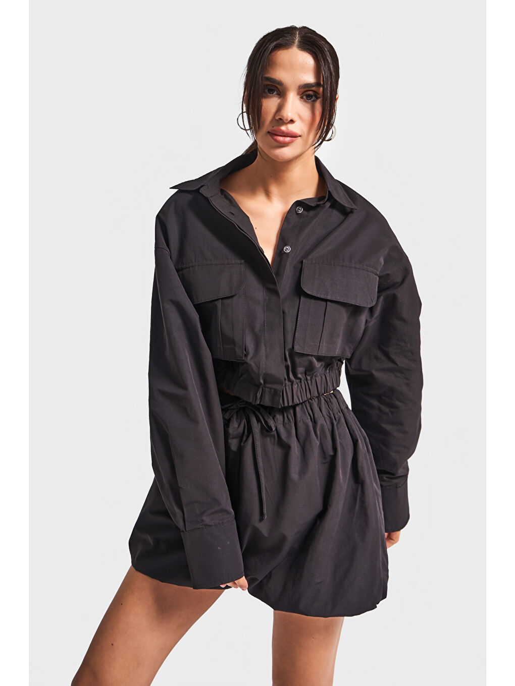 Kadın Siyah Renk w5-1 Crop Fit Kargo Cep Tasarım Ceket-3