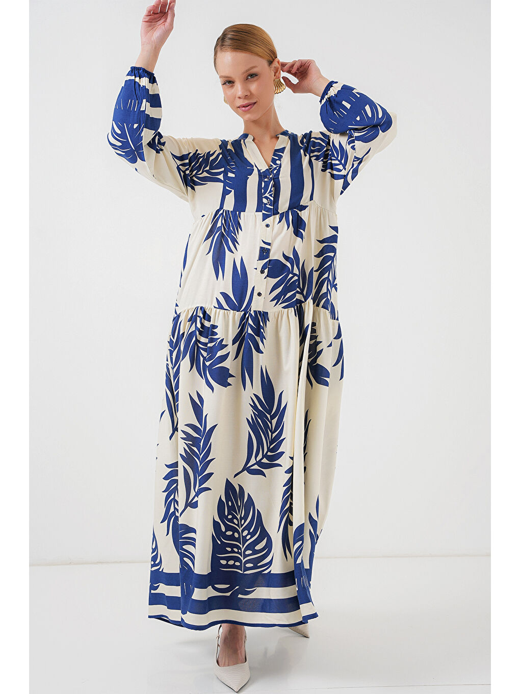 2423 Otantik Desenli Tesettür Elbise - Lacivert 0-1