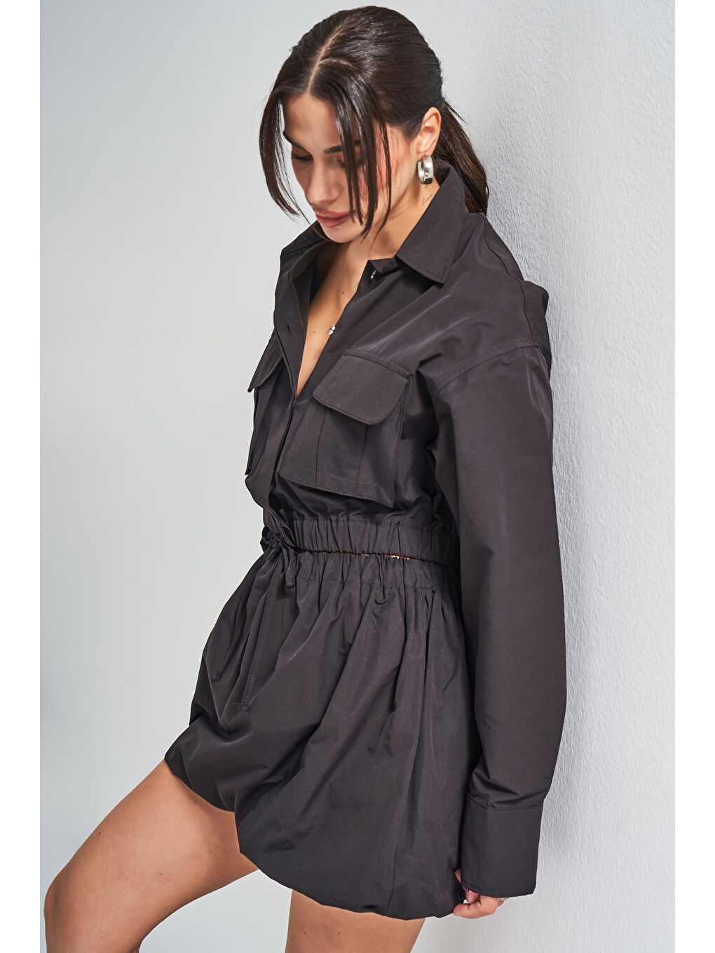 Kadın Siyah Renk w5-1 Crop Fit Kargo Cep Tasarım Ceket-4