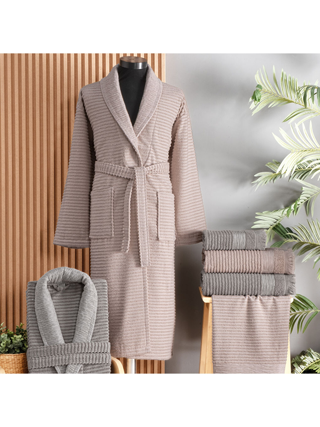 Home Bohemia Banyo Seti 6 Parça-Gri/Pudra