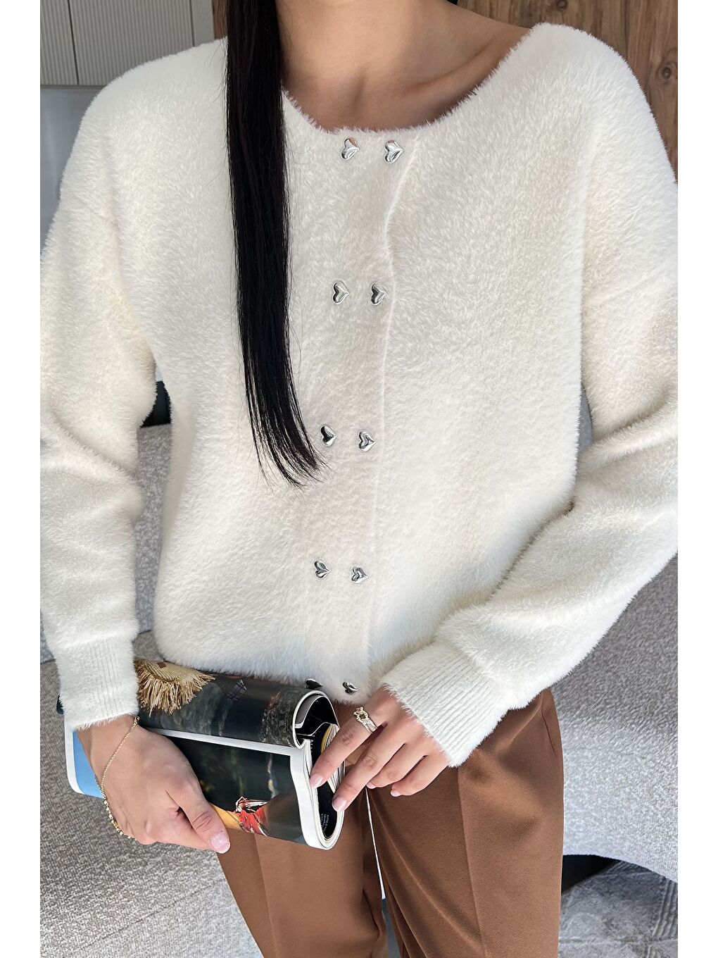 Ekru Kalp Düğmeli Şardonlu Triko Ceket (s,m,l,xl Uyumludur)-1