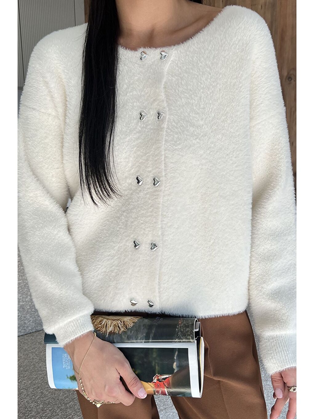 Ekru Kalp Düğmeli Şardonlu Triko Ceket (s,m,l,xl Uyumludur)-2